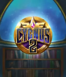 Experience the enchanting graphics of Cygnus 2 Slot by ELK Studios, showcasing a stunning logo with a vibrant design in purple and gold. Set against a celestial background of a library, this image conjures the theme of adventure and mystery. 